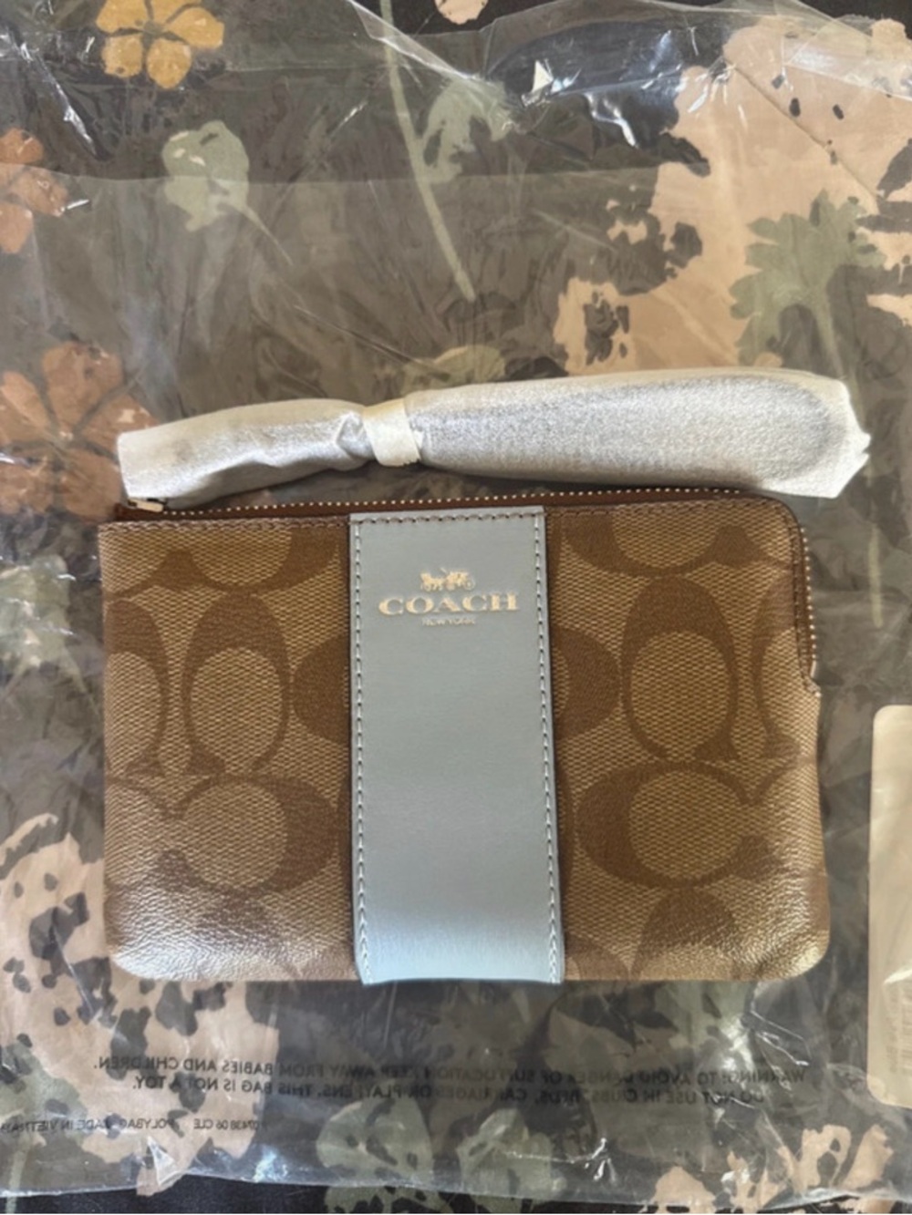 Coach Brown Signature Canvas Wristlet with Light Blue Accent